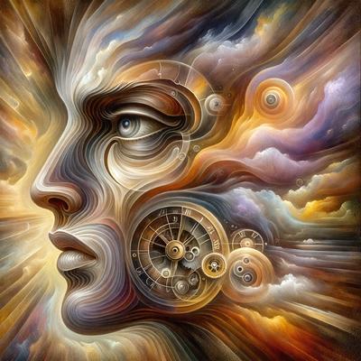The primary subject of the image is a close-up of a human face, specifically a woman's face. The setting is a cloudy sky, which serves as the backdrop for the face. The visual style is a combination of digital art and illustration, creating a unique and artistic representation of the woman's face. The colors in the image are predominantly shades of blue, purple, and orange, which contribute to a somewhat moody and dramatic atmosphere.